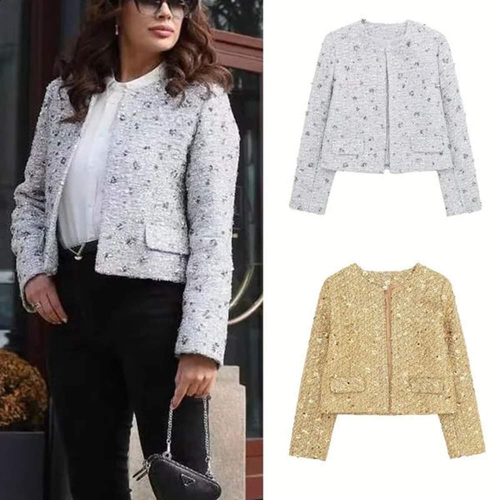 womens spring fashion jacket silver oneck long sleeve fake pocket