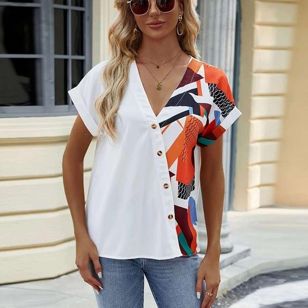 womens springsummer new vneck geometric printed shoulder loose chiffon