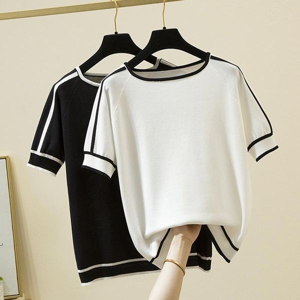 womens striped knitted short sleeve tshirt summer tops casual tee