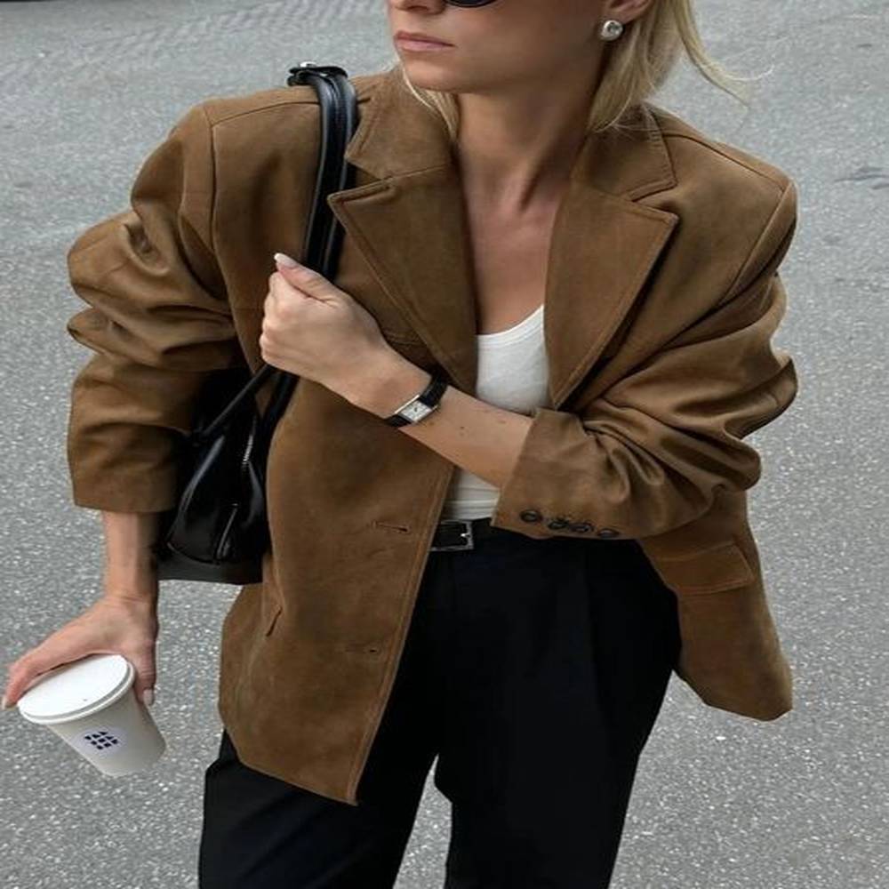 womens suits brown lapel pocket suede leather jacket for woman