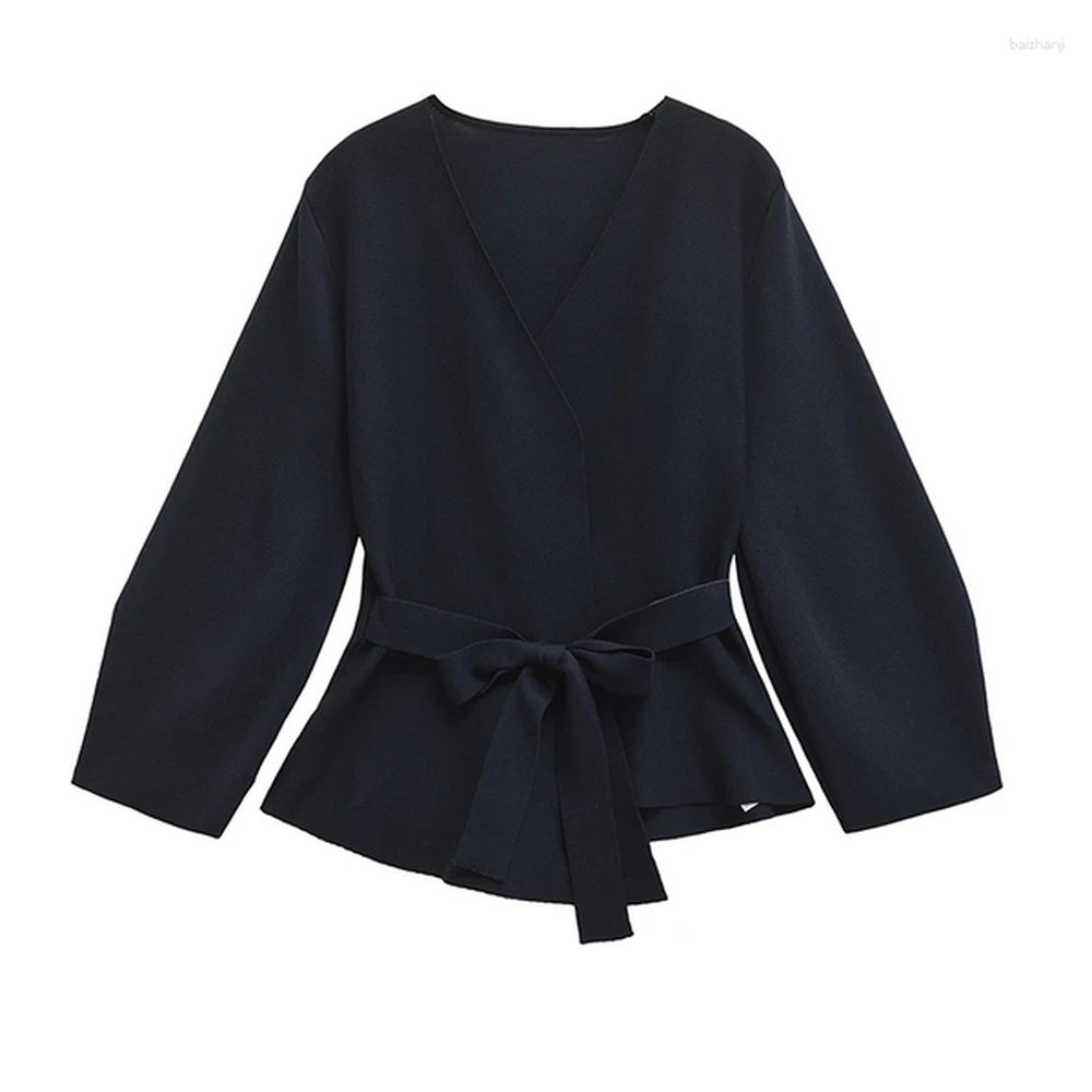 womens suits yenkye women navy blue with belt knit blazer.png