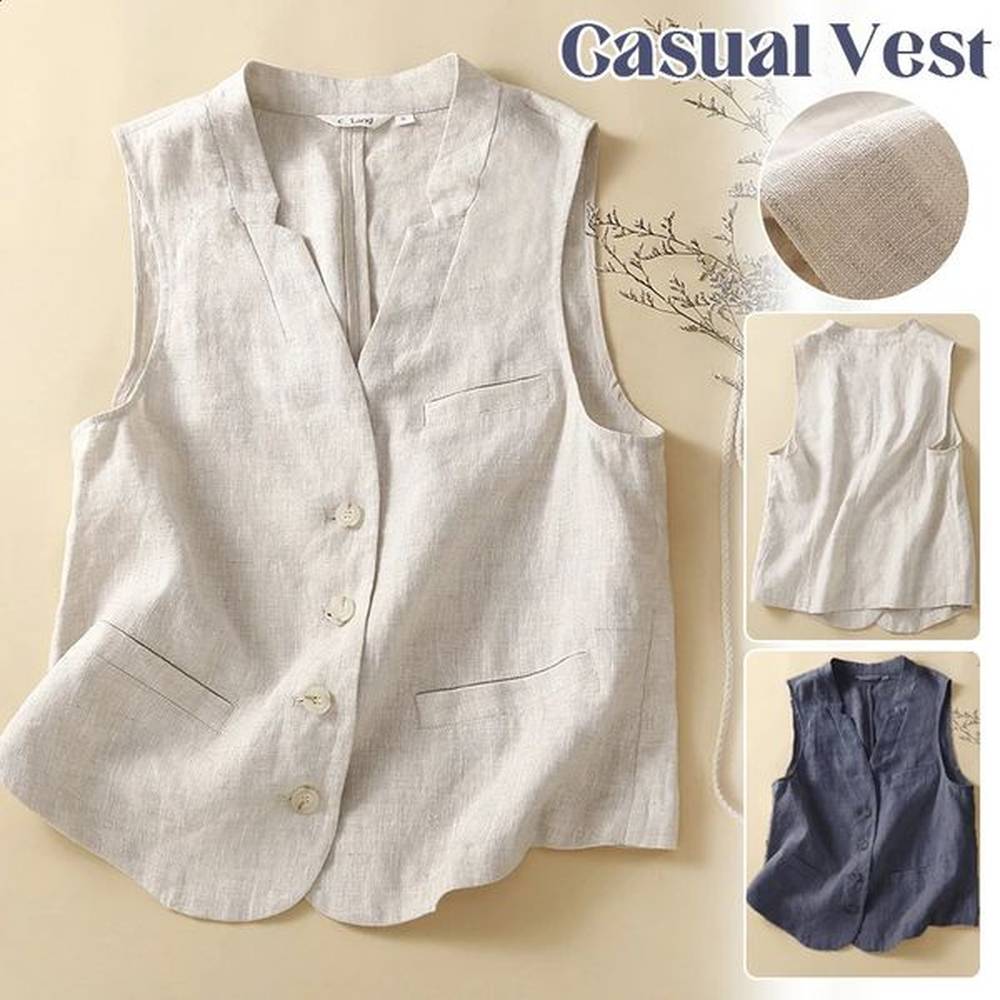 womens summer cotton linen vest casual loose vneck sleeveless jacket