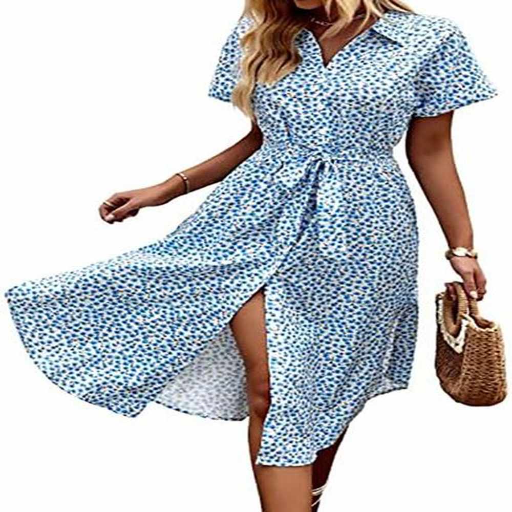womens summer dress casual ditsy floral tie front button up