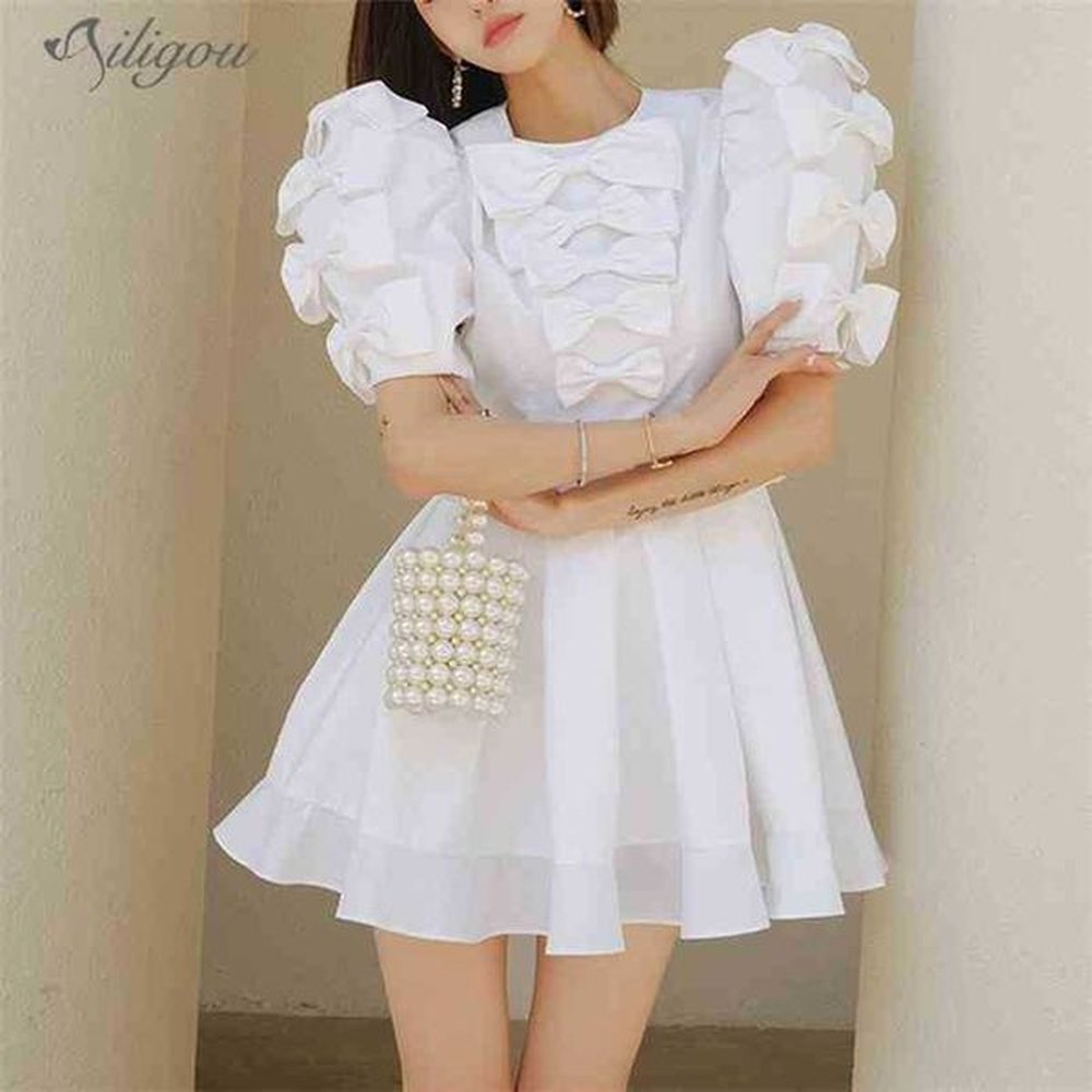 womens summer round neck sexy mini sweet puff sleeve white