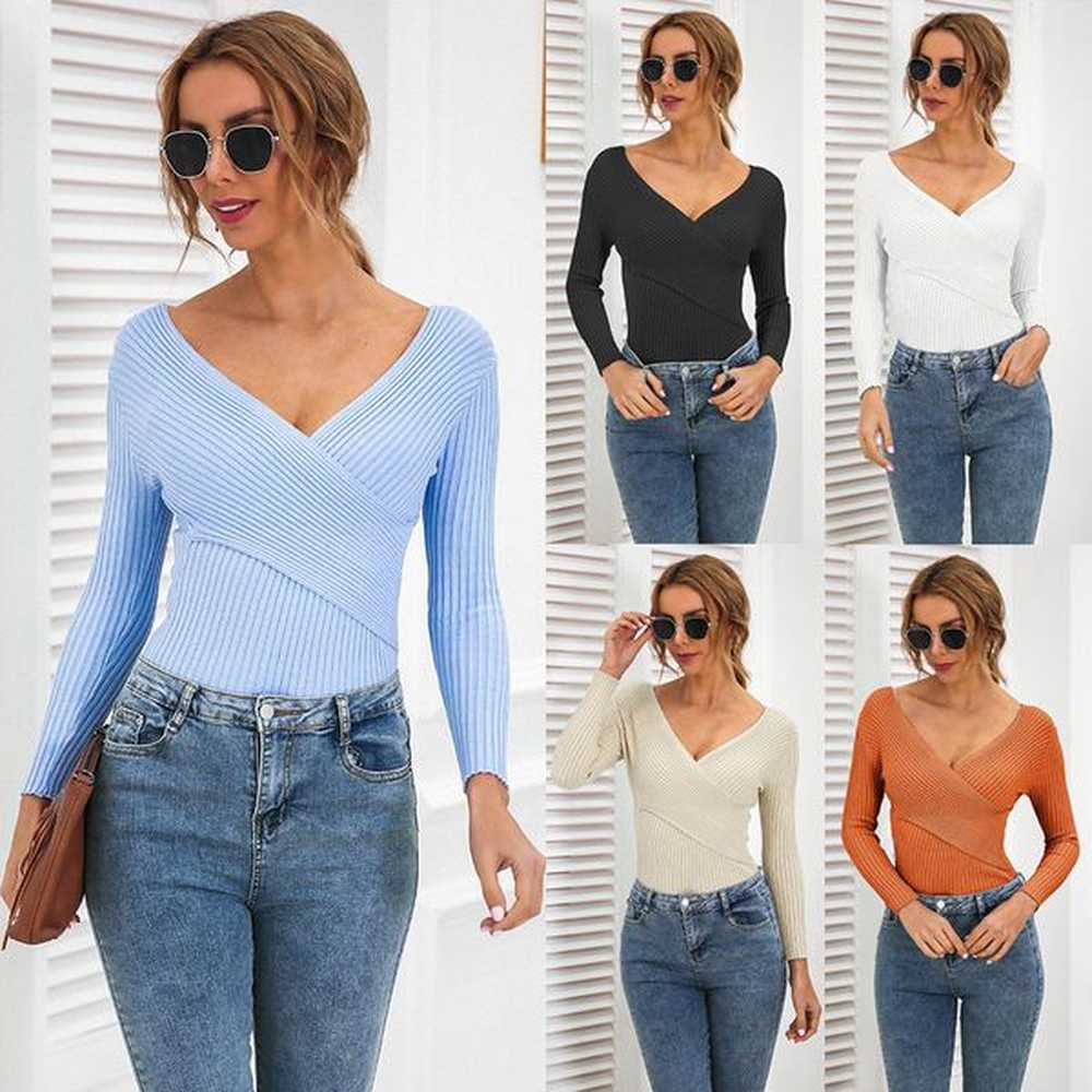 womens sweater thin striped deep vneck knitwear slim casual sweater