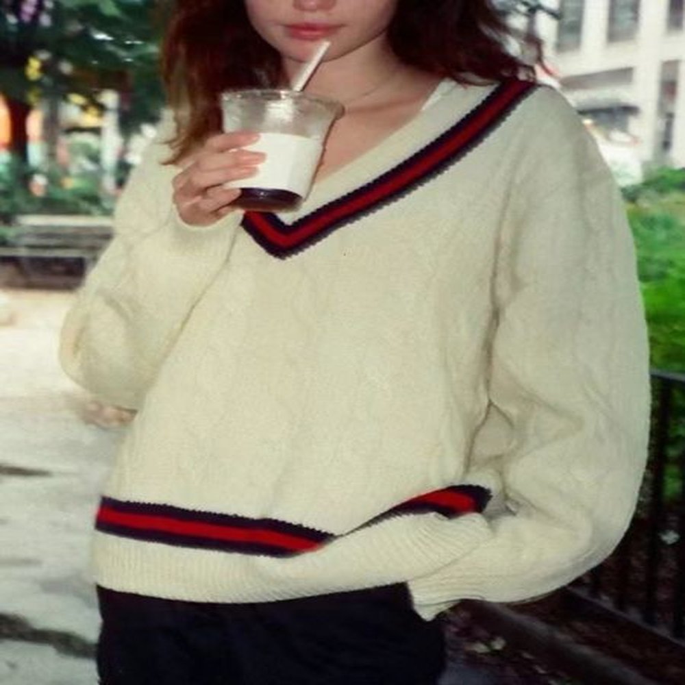 womens sweater vintage striped knit autumn streetwear v neck yk