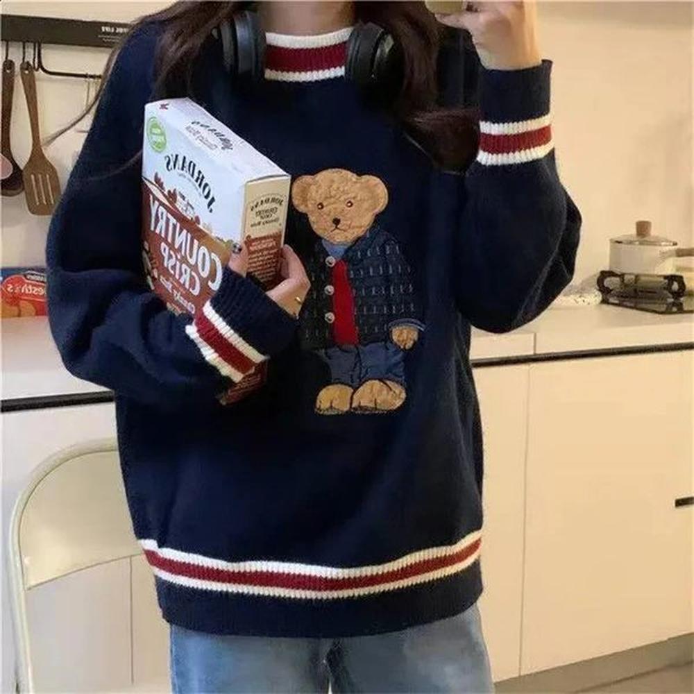 womens sweaters harajuku cartoon bear embroidery knitted pullover autumn winter