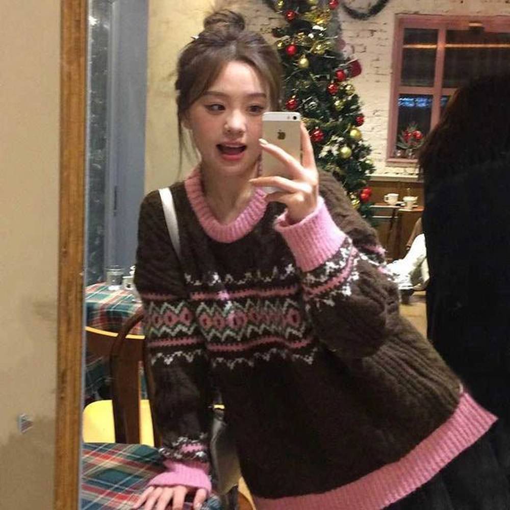 womens sweaters mexzt vintage print sweater women oversized patchwork knitted