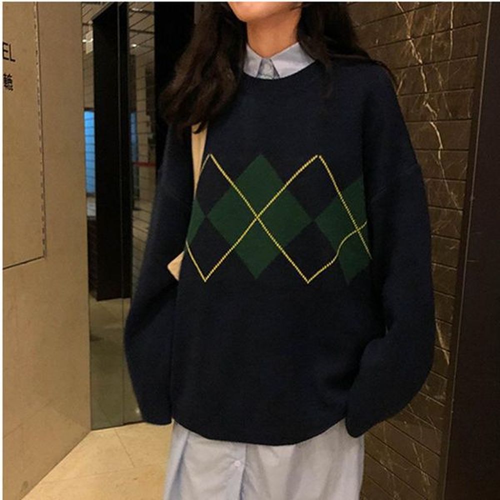 womens sweaters oversized korean pullovers tops autumn winter geometric pattern