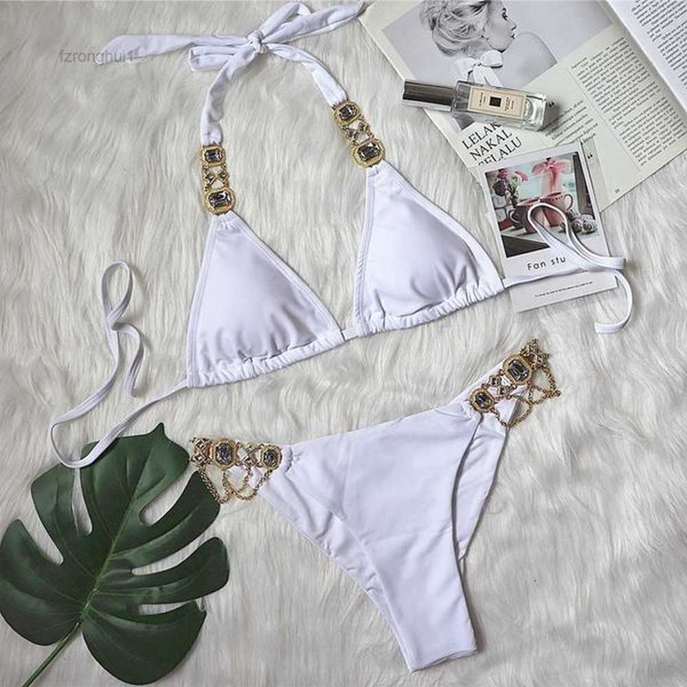 womens swimwear new crystal chain split hot gold snake