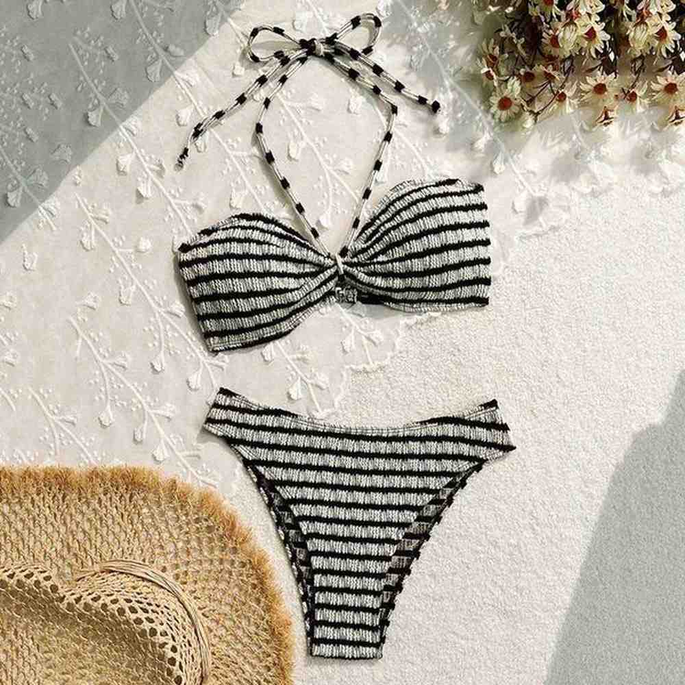 womens swimwear striped print string halter bandeau bikinis sets sexy