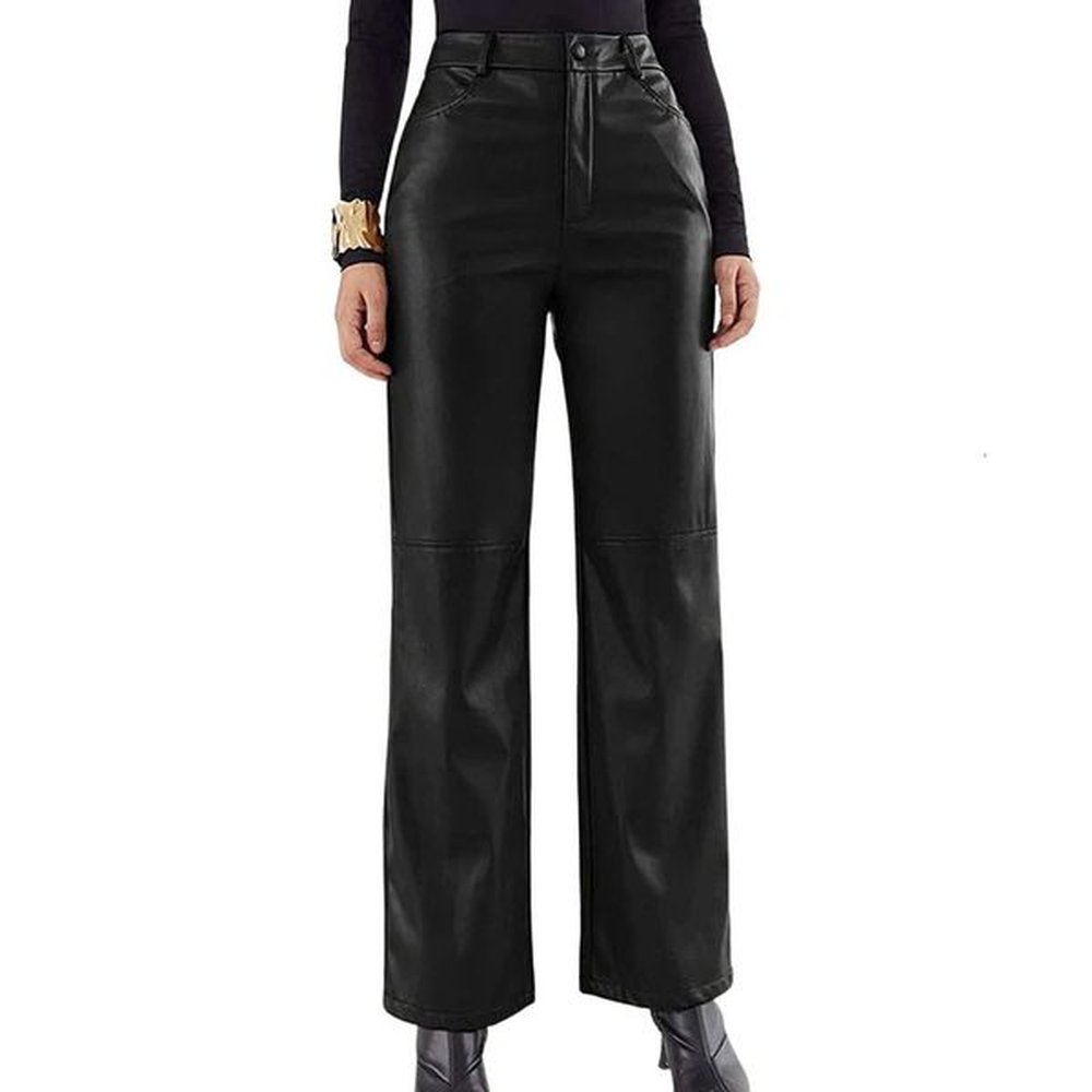 womens synthetic leather pants solid color high waist casual straight