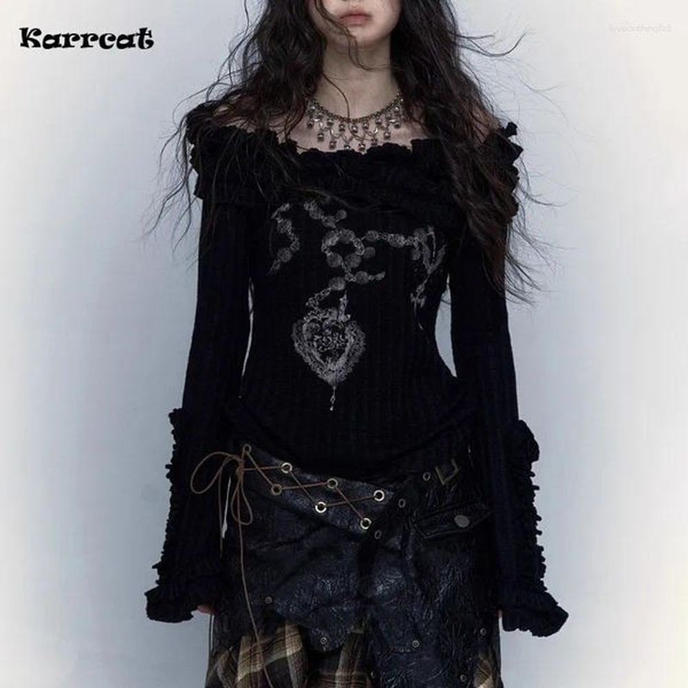 womens t shirts karrcat grunge aesthetics knitted tops vintage off