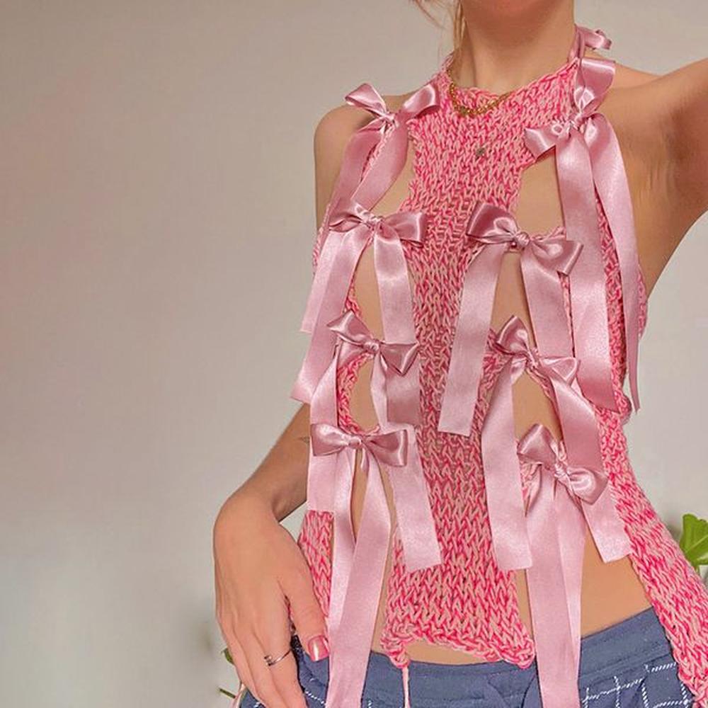 womens tanks camis bow knitted crop tops women sexy