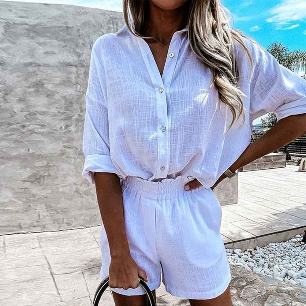 womens tracksuits linen set long sleeve shirt elastic waist shorts