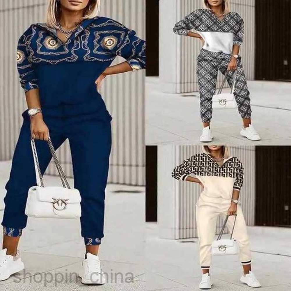 womens tracksuits womens new commuter top printed pants zipper fashion