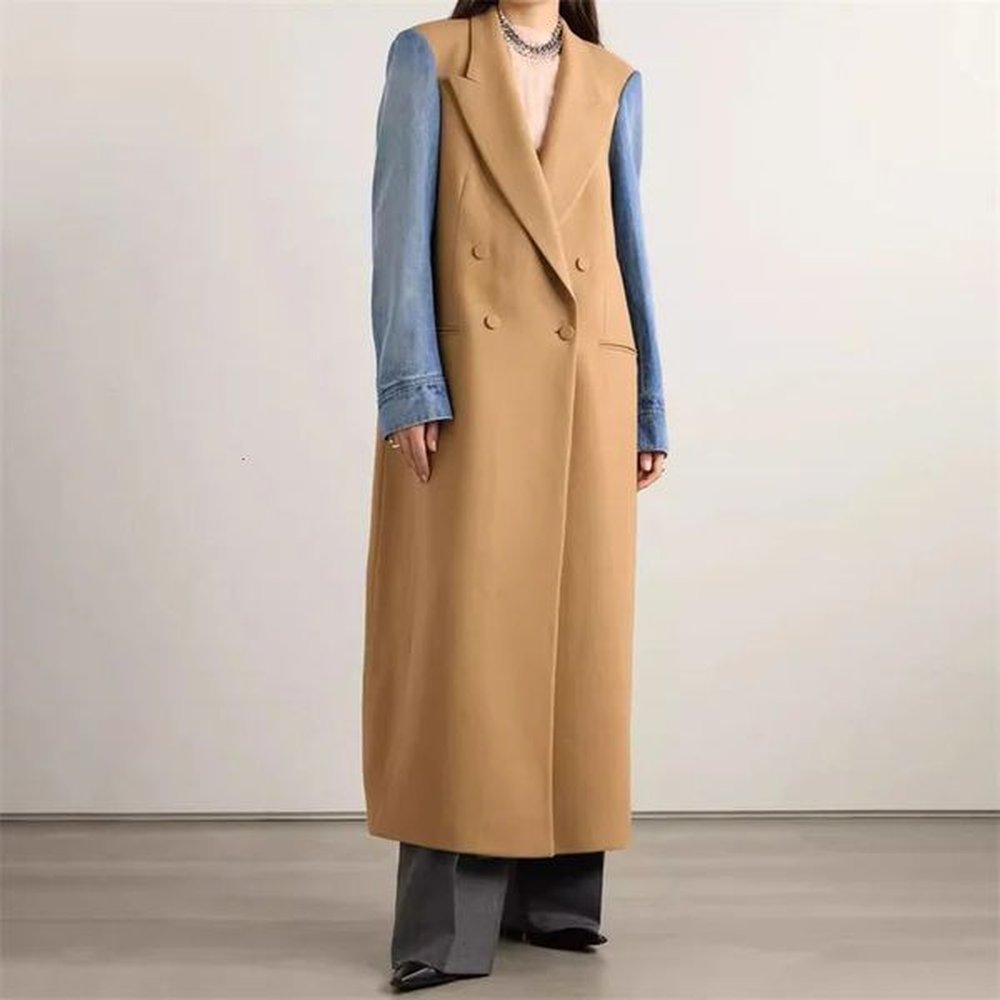womens trench coat winter denim contrasting splicing windbreaker wool