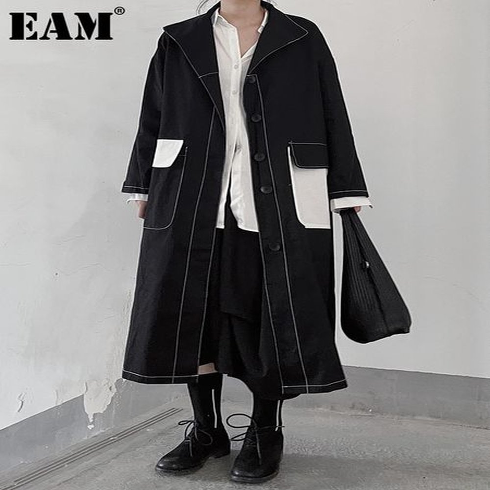 womens trench coats eam women colorblock topstitched big size long