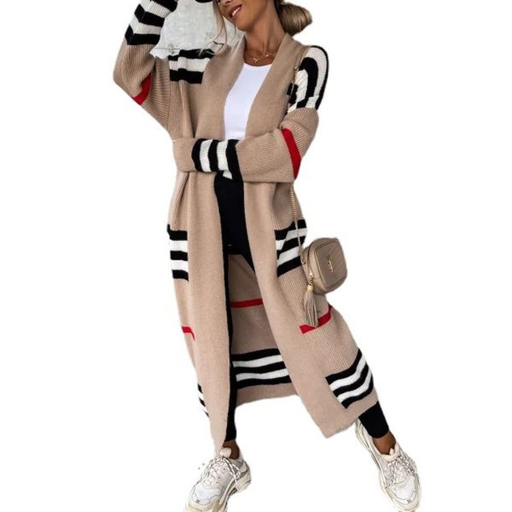 womens trench sweater knitted cardigan dresses elegant striped patchwork loose