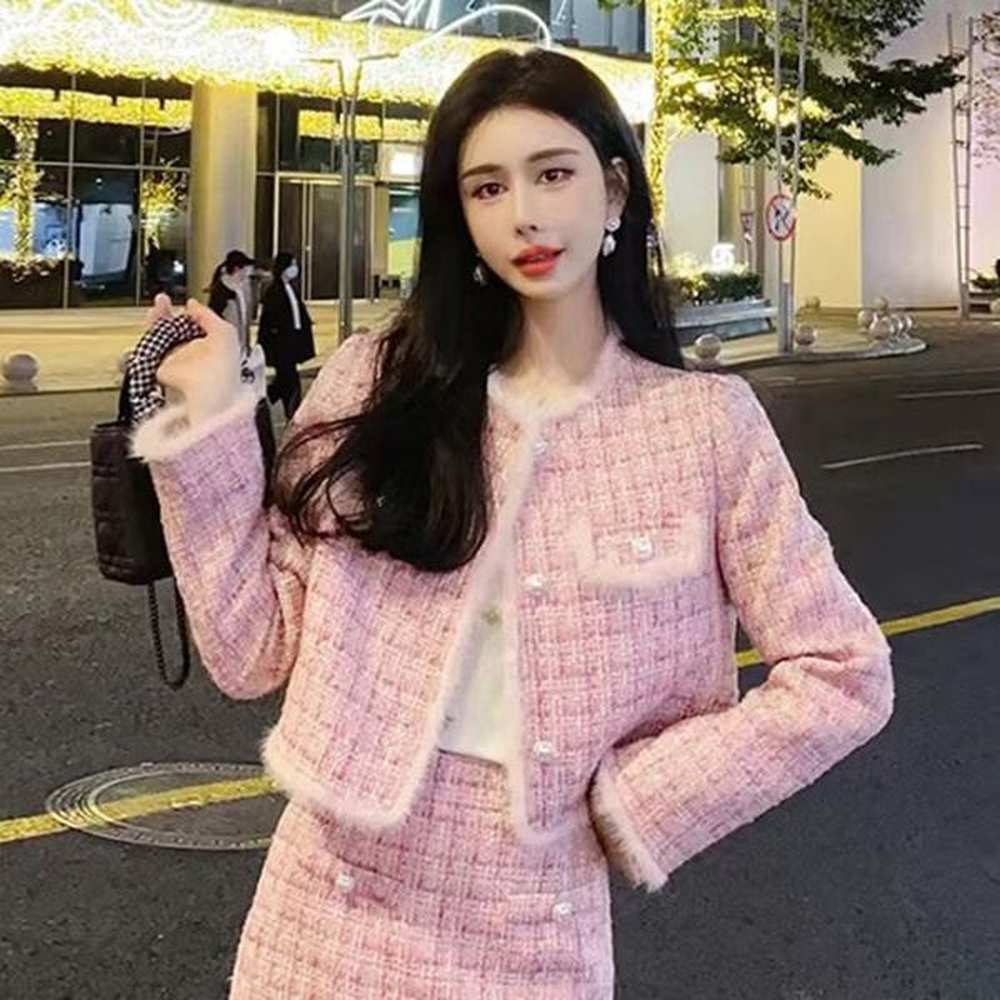 womens trendy tweed piece set elegant crop top and