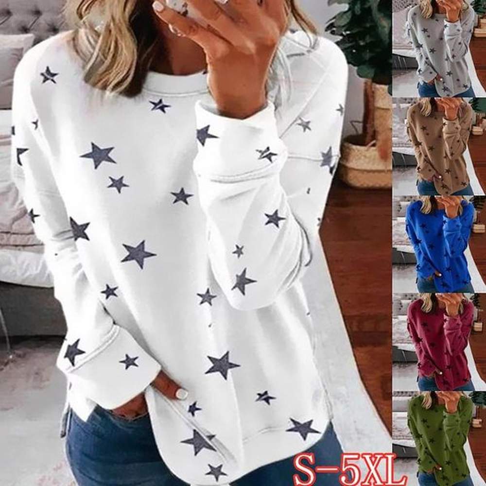 womens tshirt autumn long sleeve women pentagram printed oneck white