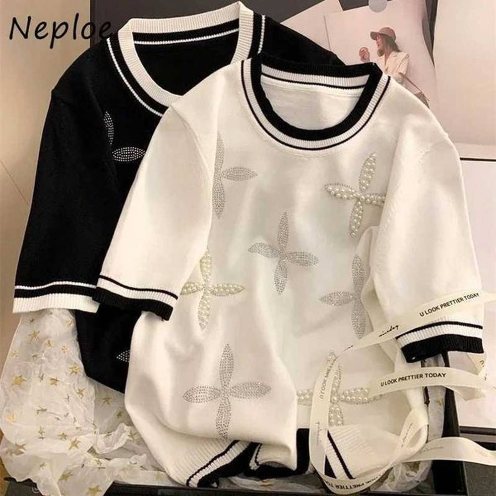 womens tshirt neploe new silk oneck beaded tshirt fashion