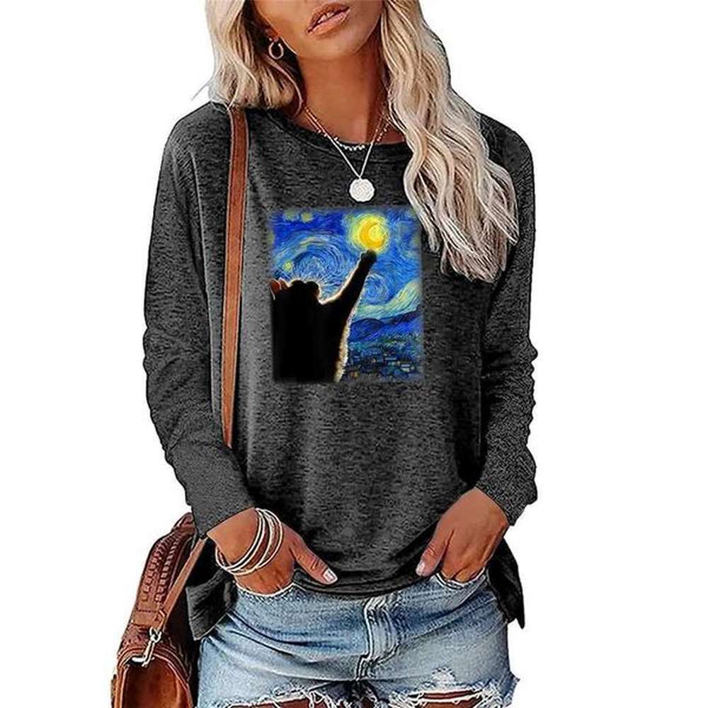 womens tshirt quiet starry sky little cat touching the moon