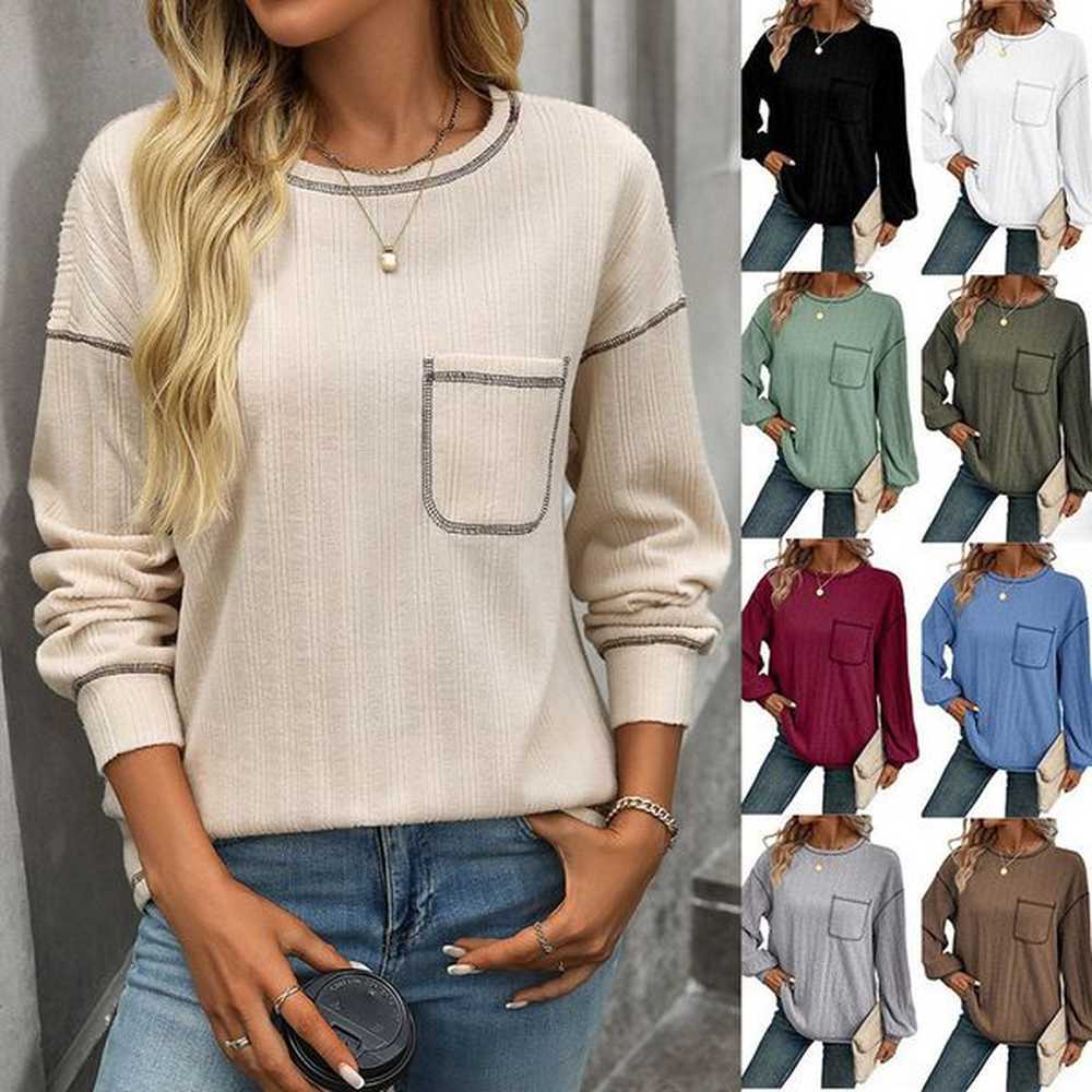 womens tshirt solid color striped pocket loose casual long sleeve
