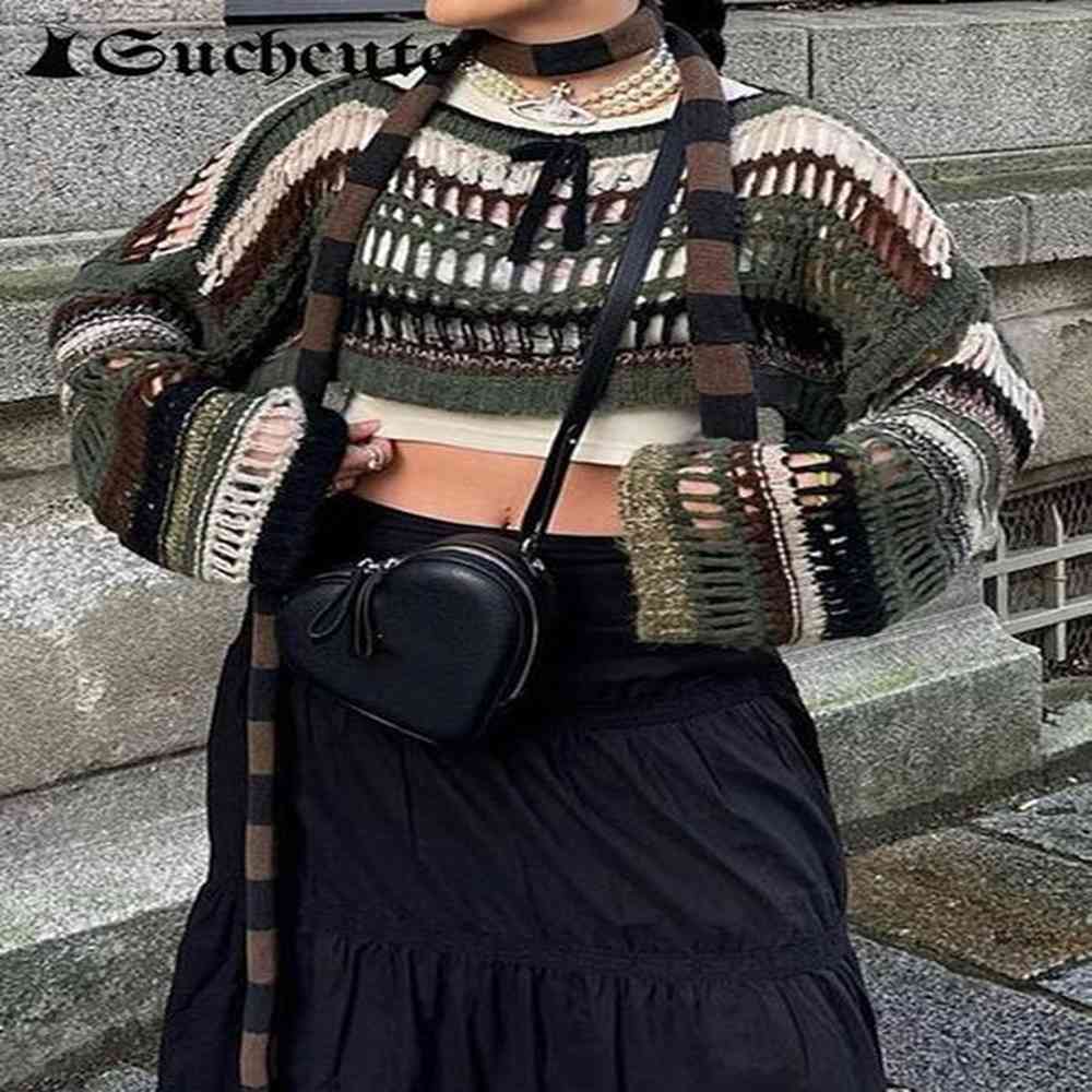 womens tshirt suchcute yk stripe hollow out fishnet sweaters smock