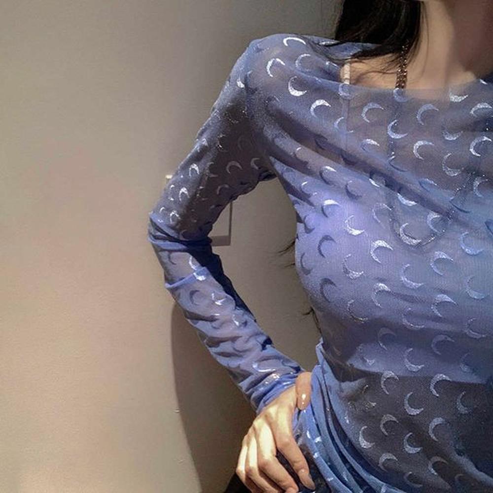 womens tshirt transparent mesh t shirts women sexy moon flocking