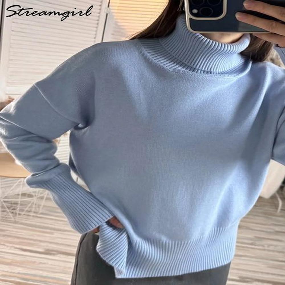 womens turtleneck sweater large simple knitted jumper white warm thick