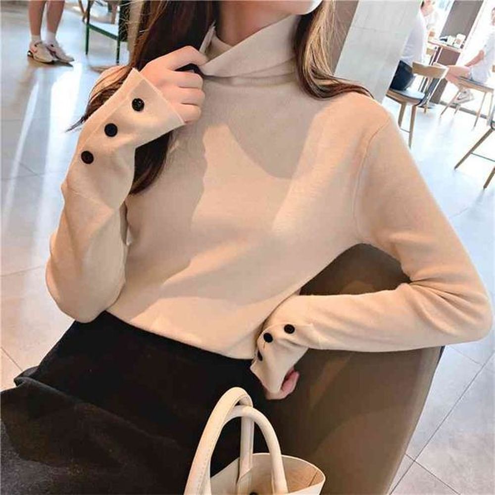 womens turtleneck sweater pullovers warm thin stretch winter buttons long