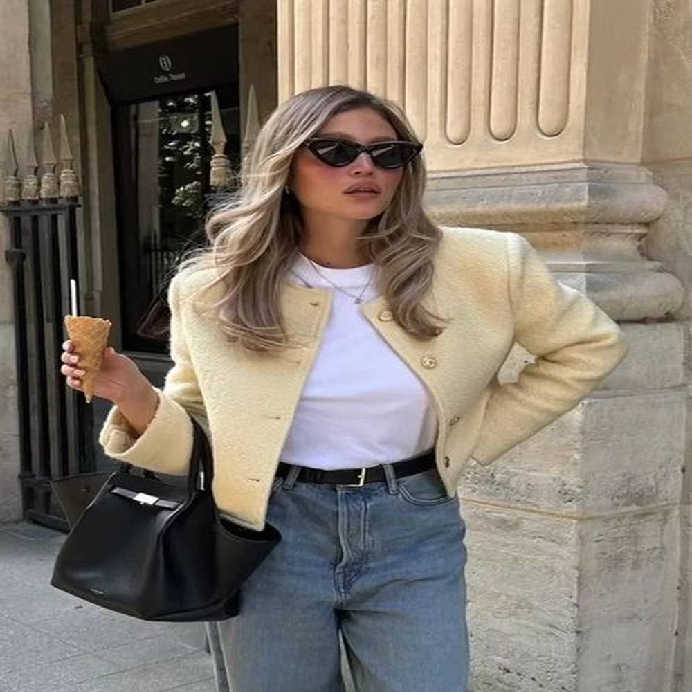 womens tweed jacket singlebreasted elegant loose blazer long sleeve coats