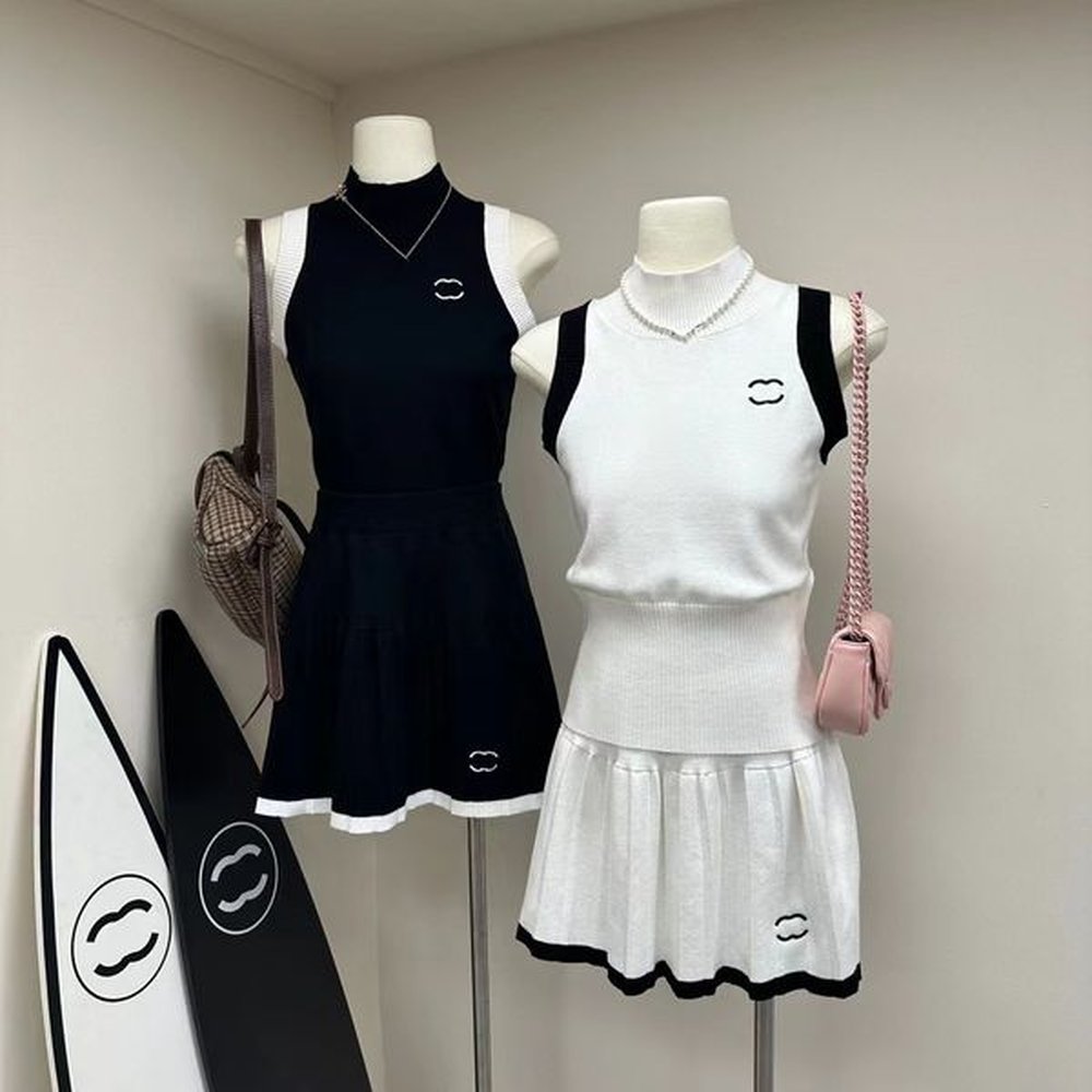 womens two piece dress full letters relief knitted vest dresses