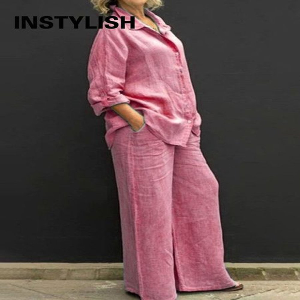 womens two piece pant autumn linen lapel shirt pieces set