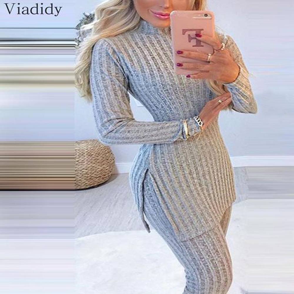 womens two piece pant winter pcs suit long sleeve ribbed