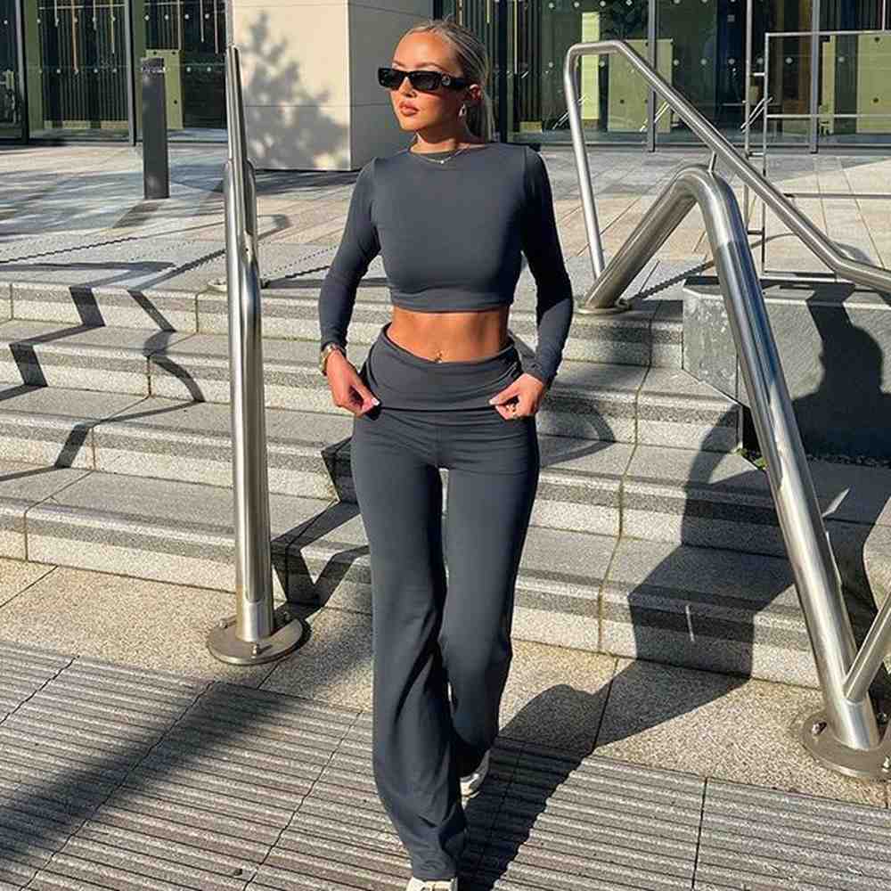 womens two piece pants autumn solid color simple basic sports