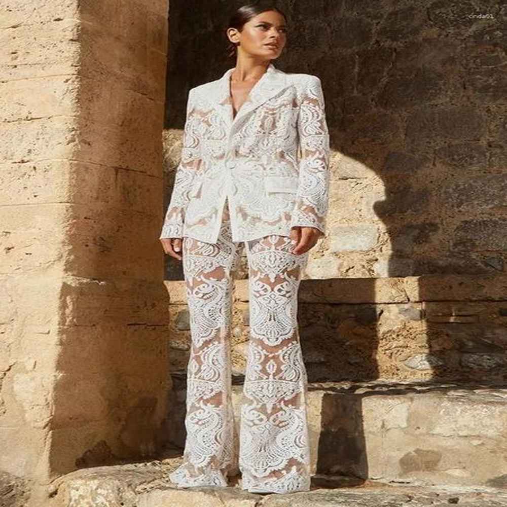 womens two piece pants handmade mesh embroidered sequin set white