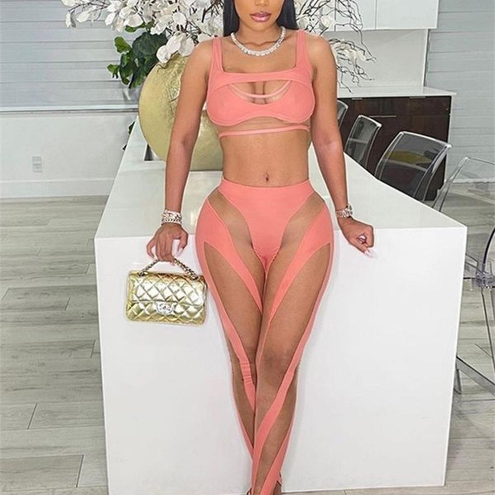 womens two piece pants kliou mesh patchwork two piece set