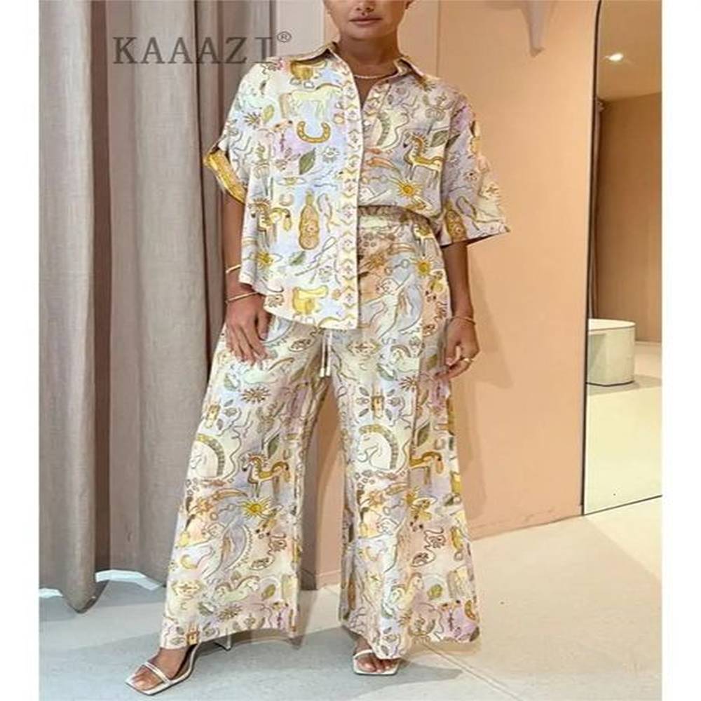 womens two piece pants short sleeve poloneck vintage printed graphic