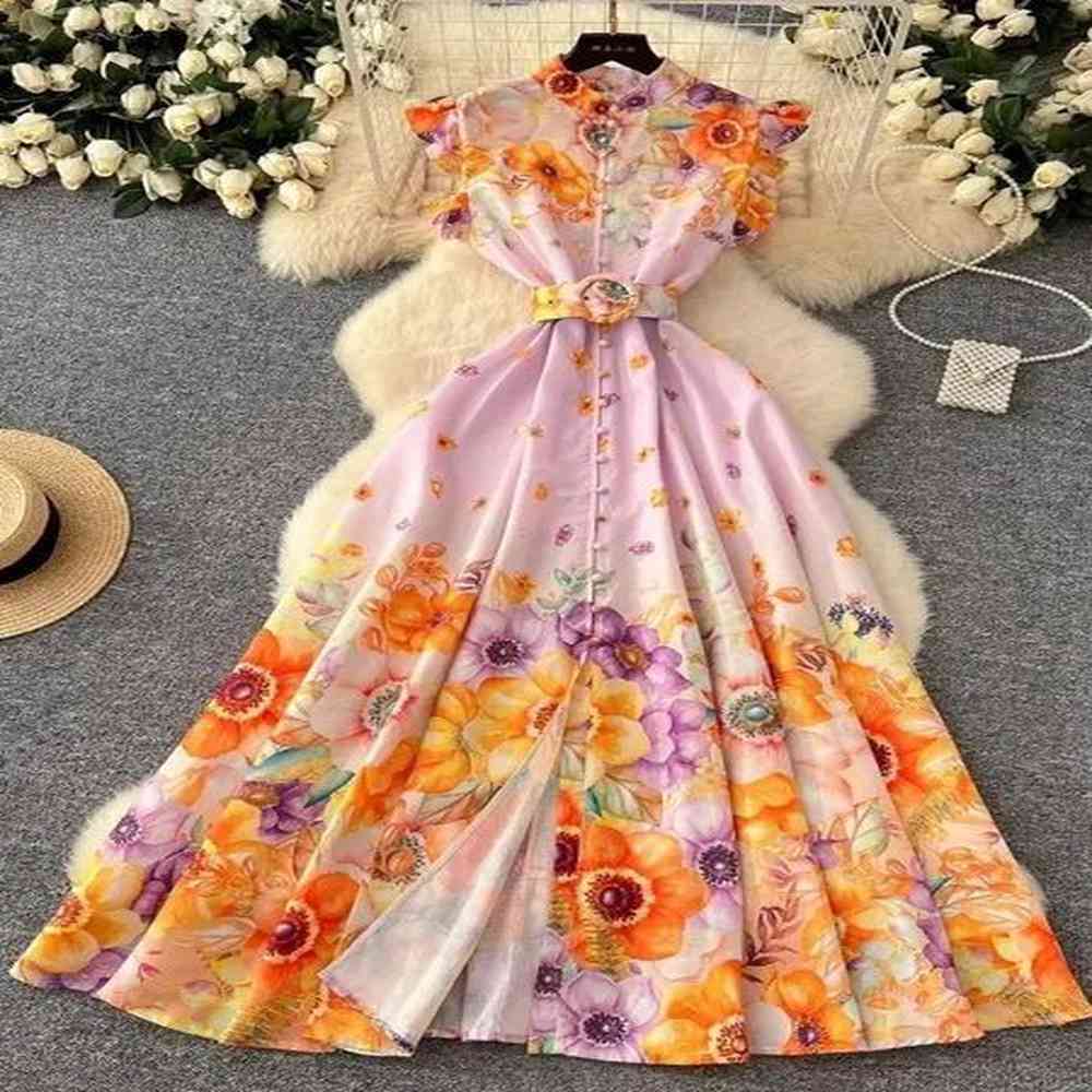 womens vertical ruffle splicing button under sunflower dress summer