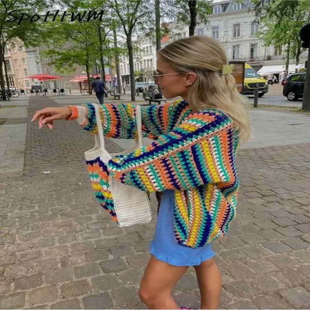 womens vintage crochet striped knit cardigan colorful open