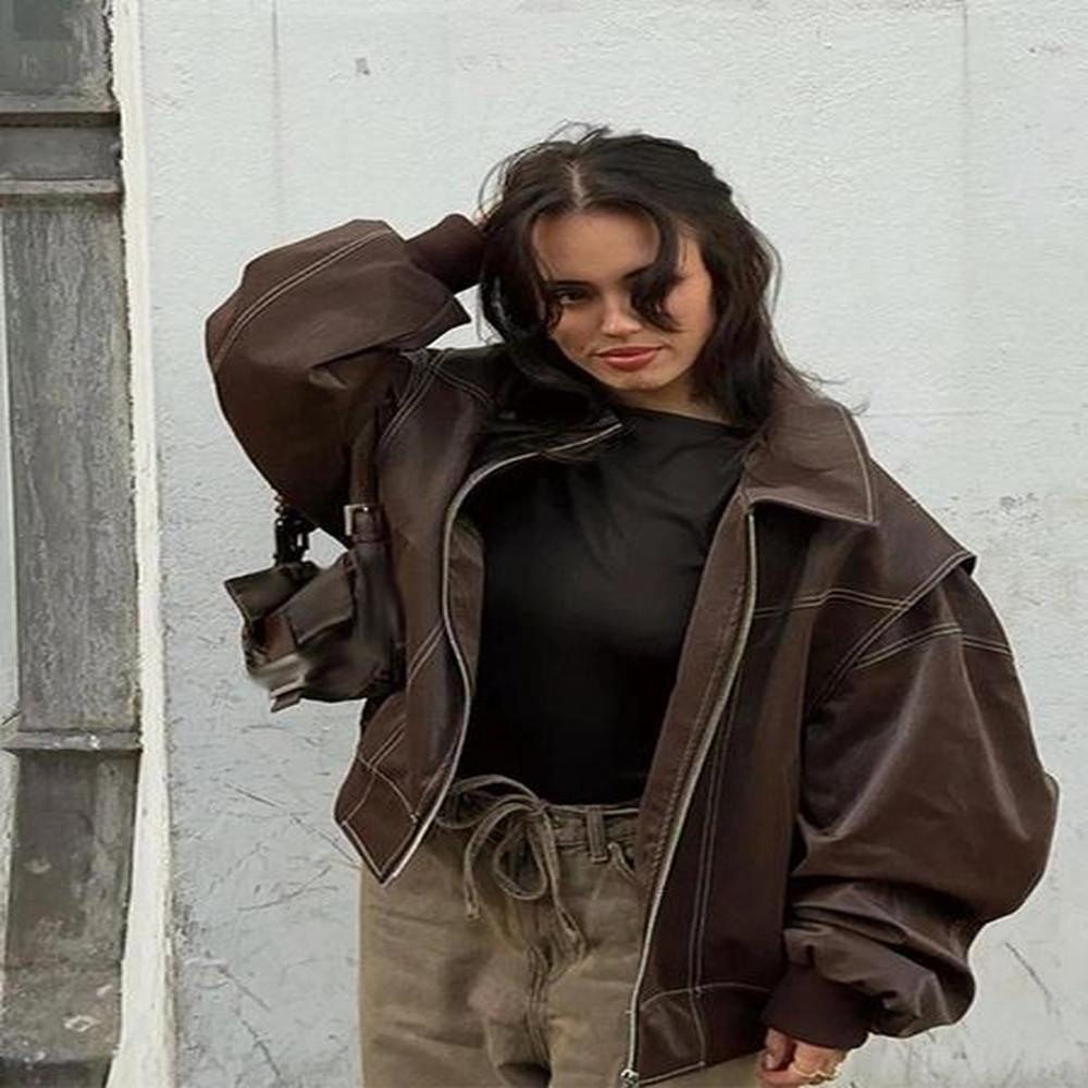 womens vintage jackets zipper leather loose lapel long sleeve oversize