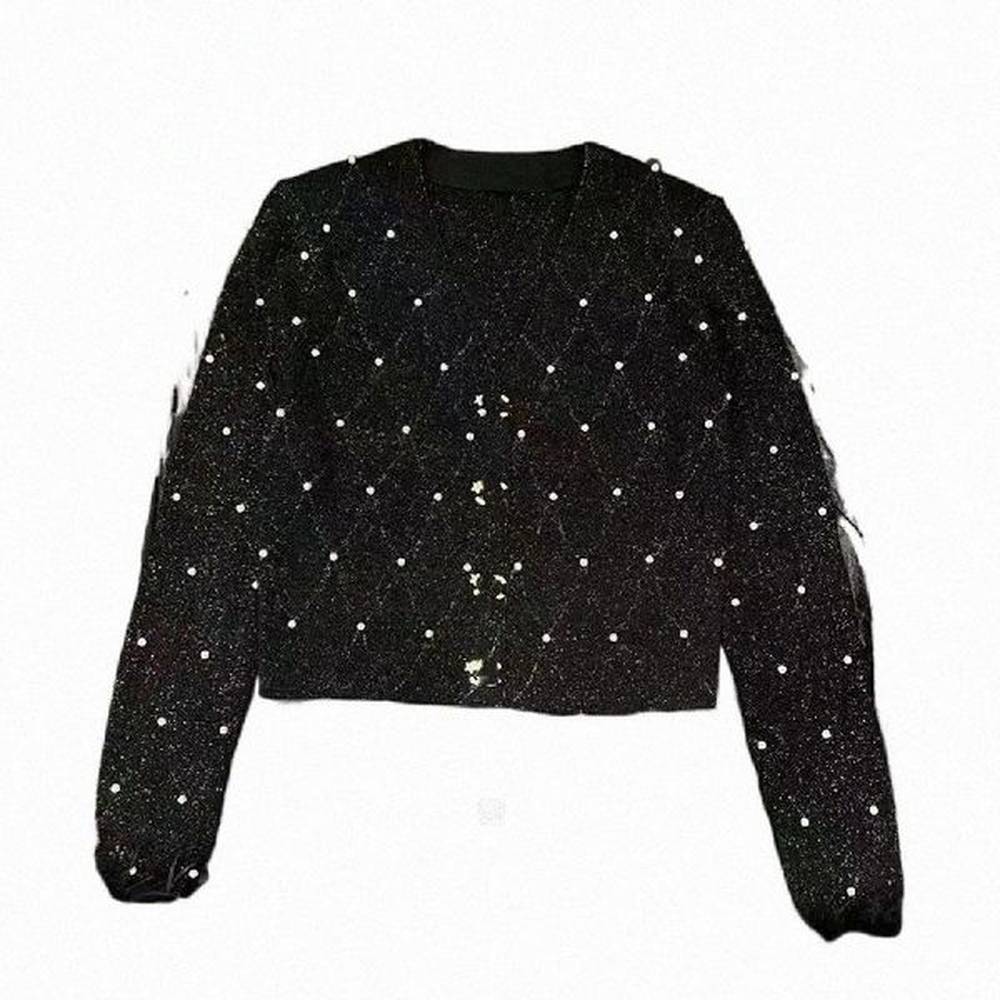 womens vneck long sleeve lurex knitted single breasted beading ostrich