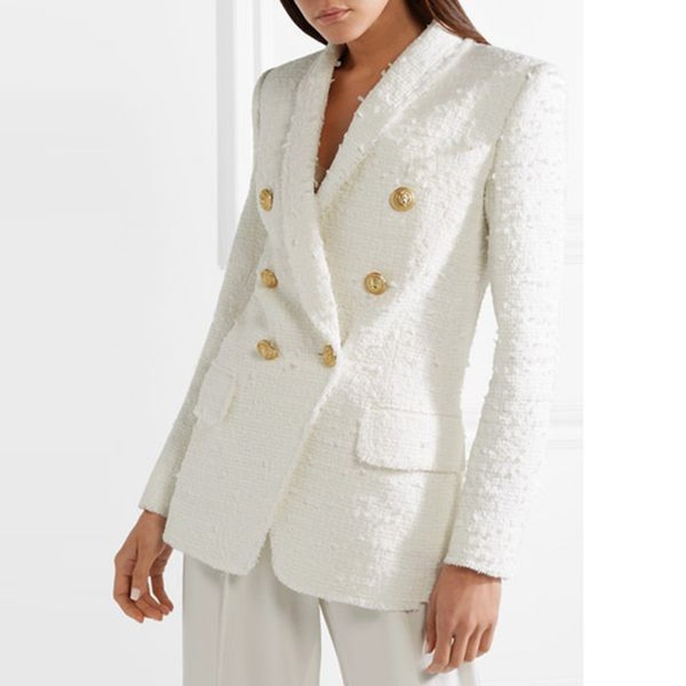 womens white wool blend tweed blazer with metal buttons shawl