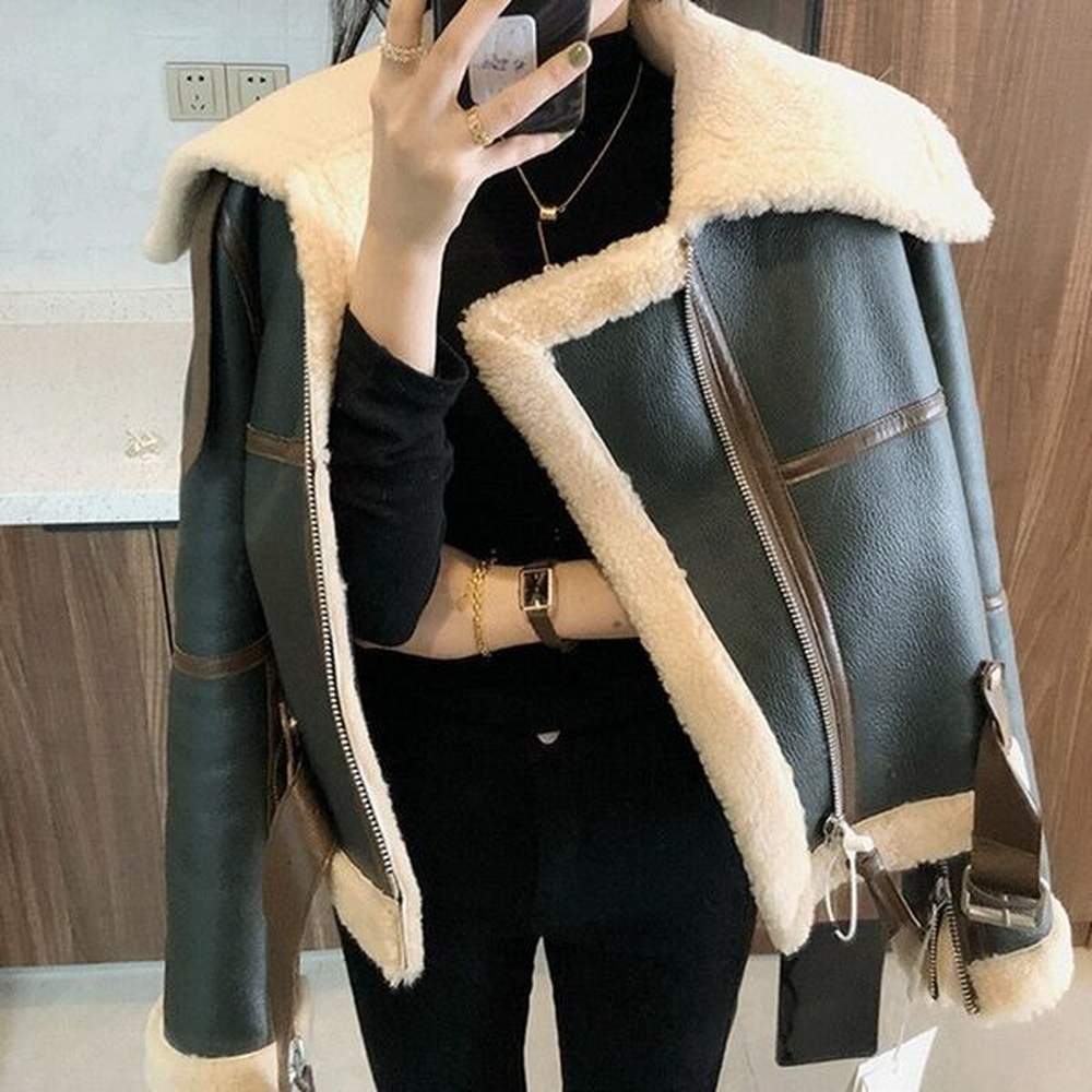 womens winter short green large lapel jacket faux shearling sheepskin