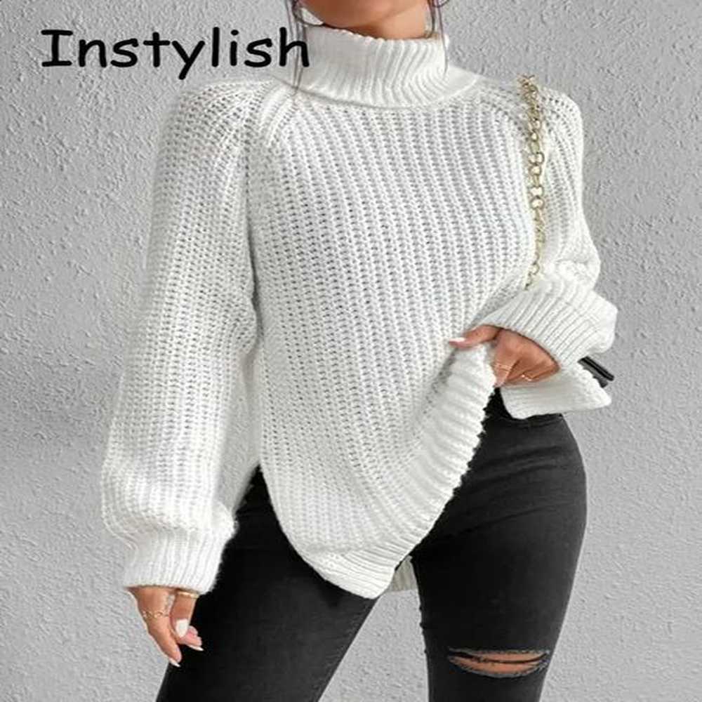 womens winter turtle neck loose sweater elegant dropper side split