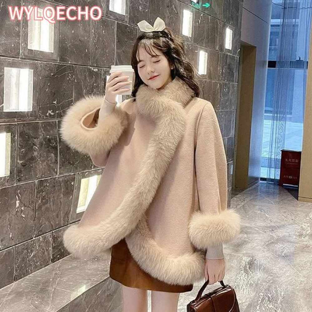 womens wool blends fur coat cape shawl korean fashion loose