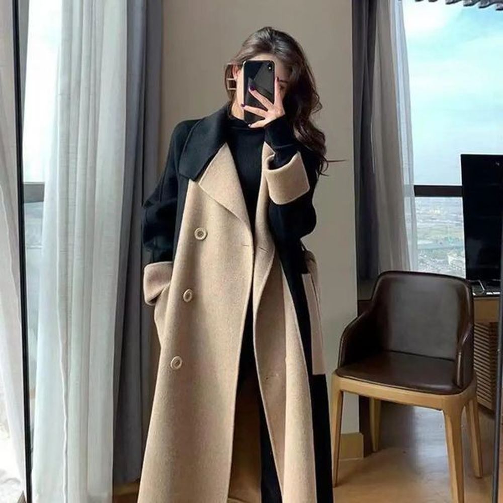 womens wool blends women overcoat color matching doublebreasted winter coat