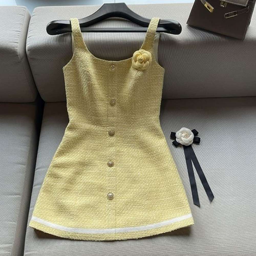 womens yellow color sleeveless tweed woolen flower patchwork slim waist